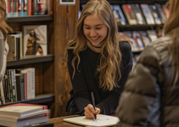 smile-girl-to-see-published-book-with-pen